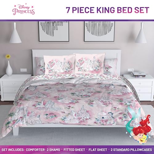 Image of Disney Princess King Comforter Set 7 Piece Floral Bedding for Girls, Pink | Cinderella Rapunzel Belle, Comforter Sheets Shams Pillowcases, Official Product, Microfiber, Machine Washable, Girls Gift