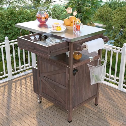 Image of Merax 40.5 inch Outdoor Grill Cart with Stainless Steel Top, Solid Wood Outdoor Storage Cabinet with Drop Leaf, One Drawer, Towel Rack, Rolling Kitchen Cart with Lockable Wheels for Lawn Garden, Brown