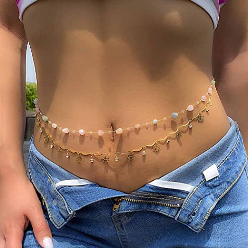 Zookey Boho Geschichtete Bauchkette Strass Bauchkette Goldperlen Körperkette Bunte Steine Taillenkette Schmuck für Frauen und Mädchen thumbnail