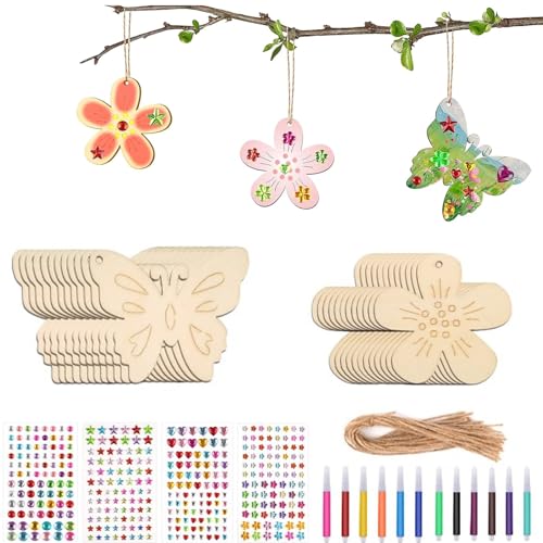 Criveple Set di 40 Pezzi Fai Da Te Per Bambini, Farfalla e Fiori con Penna ad Acquerello, Legno, Adesivi e Pietre Preziose