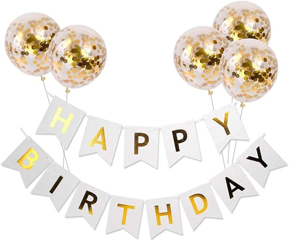 Meowoo Happy Birthday Banner with 5 Confetti Latex Balloons Birthday Decorations Set, Birthday Party Supplies for women/Men (White)