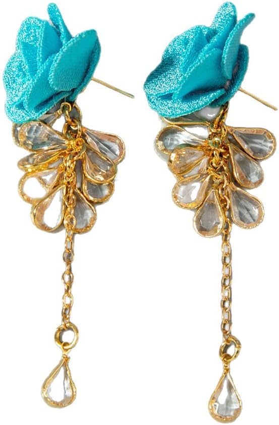 Vintage Camellia Earring for Women Long Tassel Flower Earrings Colorful Rose Earring Crystal Drop Dangle Earrings Weddings Party Fashion Jewelry Accessary