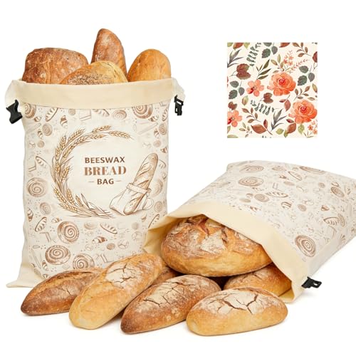 Opiniones de Ceras de abejas los mejores 10. 47 Paquete de 2 bolsas reutilizables de pan de cera de abejas para pan casero y de masa madre, bolsas de almacenamiento de algodón de 17 x 13 pulgadas con cierre de bloqueo, frescas...