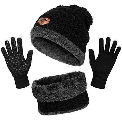 Winter Beanie Hat Scarf Glove Set - Thick Knit Warmer Neck, Black, Size Large