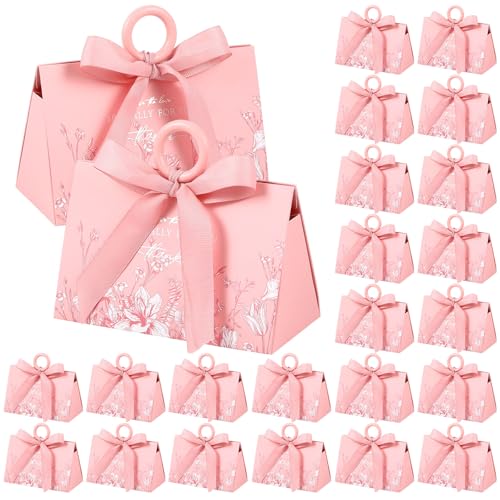 MotiMind 30 Sets Wedding Favor Boxes with Ribbon and Wooden Handle, Pink Favor Boxes for Baby Shower Favor Triangular Chocolate Gift Wrap Bags for Baby Shower Bridal Party, 5.9 x 3.9 x 2.8 Inch