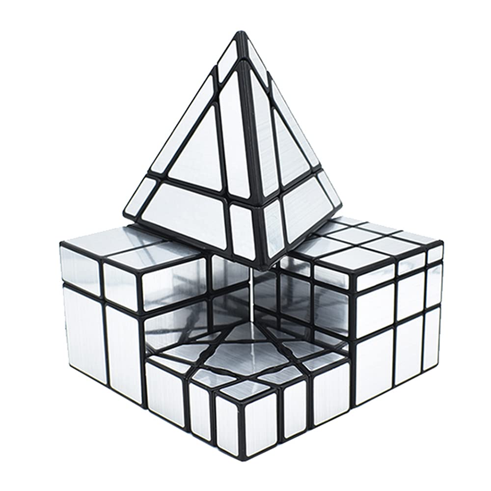 Mirror Cube Set, Speed Cube Set of 1x3x3 Ghost Mirror Cube 2x2 3x3 Mirror Cube and Pyramid Mirror Cube Magic Cube Bundle for Kids Silver Sticker 4Pcs