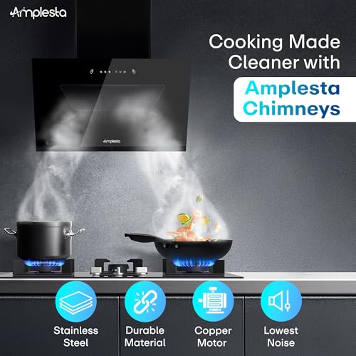 Image of Amplesta CycloneX 90CM Chimney for Kitchen Auto Cleaning 1600 m3 hr LED Touch Copper Motor Wall Mounted Kitchen Chimney for Home Filterless Two Way Suction Touch & Gesture Control (CycloneX-90-FL-HAC)