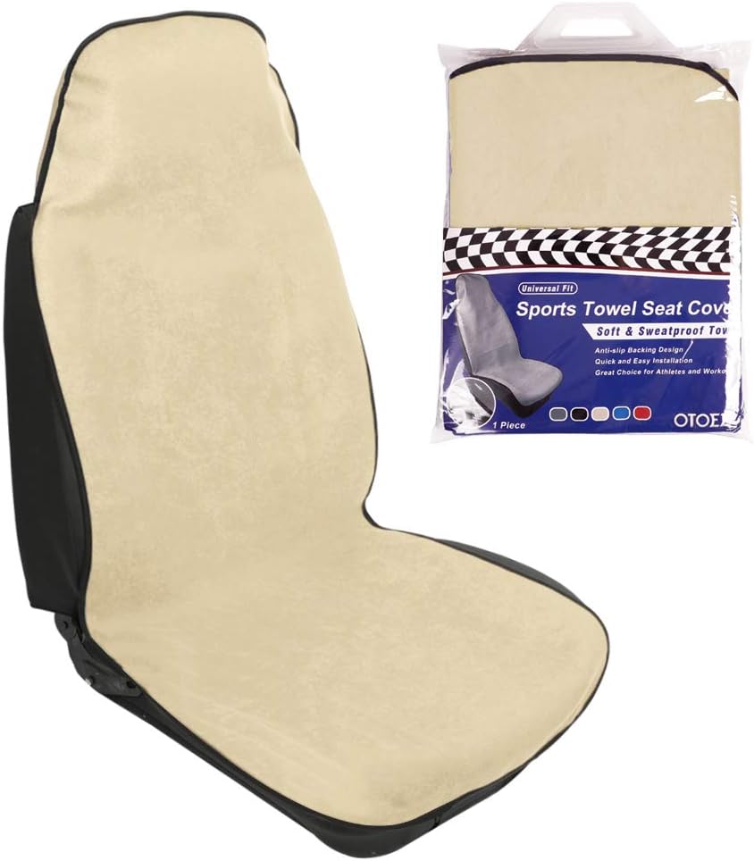 otoez Waterproof Sweat Towel Car Seat Cover Mat Auto Car Front Seat Protector for Yoga Running Swimming Crossfit Athletes Beach Outdoor Sports, Universal Fit Most Vehicles, Beige
