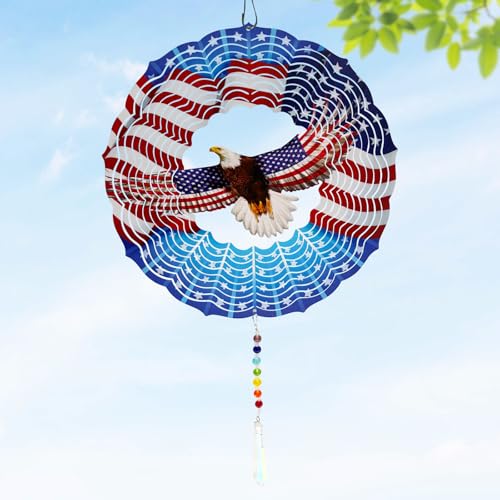 American Eagle Wind Spinner Crystal Tail, Marzovitra 10 inch 3D Stainless Steel Hanging Wind Spinner Metal Wind Catchers Kinetic Sculpture for Indoor,Outdoor Garden Decor,Yard Art