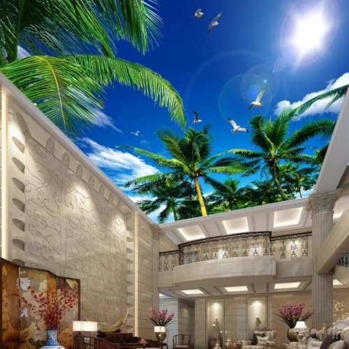 Papier peint 3D plafond cocotiers anti-reflet pour grand salon moderne