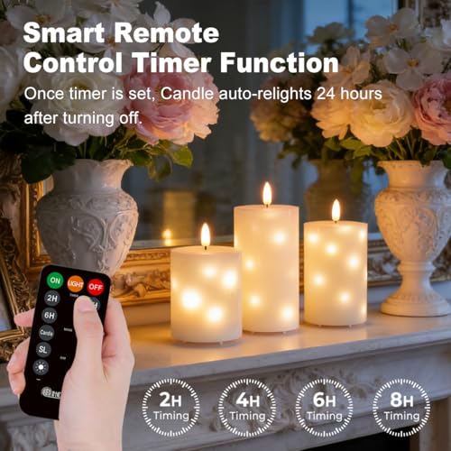 Image of LEDHOLYT Rechargeable Glass LED Flameless Candles, Embedded Star String Flickering Flameless Candles for Romantic Ambiance and Home Decoration with Remote & Timer(White)
