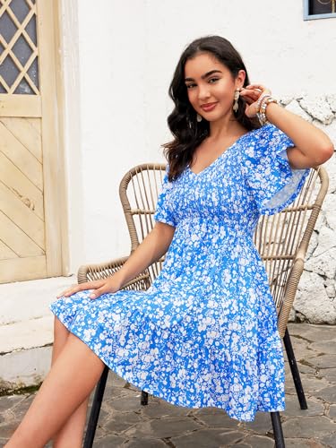 Image of UEAL Womens Cute Floral Smocked V Neck Flutter Sleeve Sundress with Pockets Casual Spring Summer Dresses for Women 2026