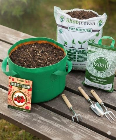 Set of 2 - Cherry Tomato Essential Grow Kit - 18 X 9 Inch KIVO Grow Bag + 10Kg Potting Mix + 5 Kg Vermicompost (Brands may vary)-image-19