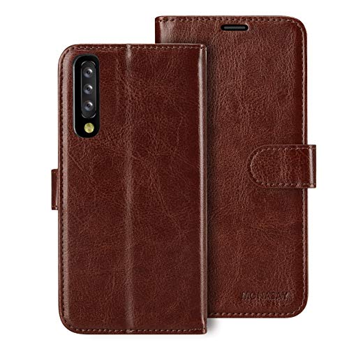 Monasay Galaxy A50 / A50S / A30S Wallet Case, 6.4 Inch, [Included Screen Protector] Flip Folio Leather Cell Phone Cover With Credit Card Holder, Brown #TOP1
