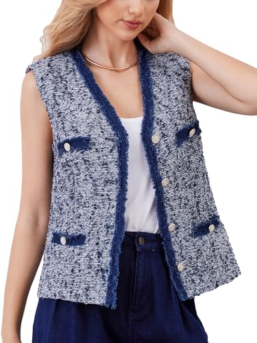 M.Infisavo Womens Tweed Blazer Vest V Neck Regular Fit Cardigan Large Denim Blue