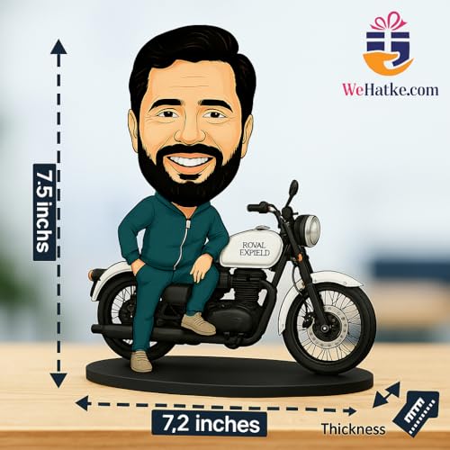 Image of WEHATKE WEHATKEWEHATKE Personalized Royal Enfield Bike Caricature Standee | Custom 2D Acrylic Photo Cartoon Gift for Bikers, Husband, Boyfriend | Birthday and Anniversary Desk Decor