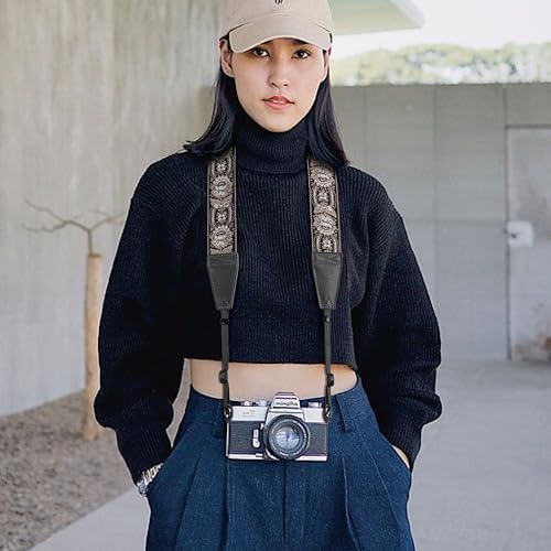 Image of Padwa Lifestyle Camera Strap - 2 inch Full Grain Leather Ends Camera Straps for Photographers, Vintage Embroidered Cotton Weave Soft Suede Fabric Padded Strap Quick Release fits All Cameras