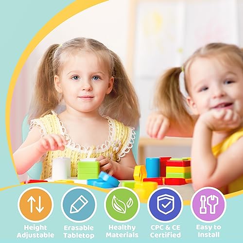 Image of FUNLIO Kids Table and 4 Chairs Set, Height Adjustable Toddler Table and Chair Set for Ages 3-8, Easy to Wipe Arts & Crafts Table, for Classrooms /Daycares /Homes, CPC & CE Approved (5-Piece Set) - Green
