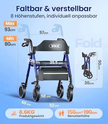 VOCIC Rollator Faltbar und Leicht mit Sit,Rollatoren Schmal für Wohnung,Rollatoren für Senioren Klappbar mit 20cm Reifen für All Gelände,Sitz und Griff Höhenverstellbar,5 Jahre Support|Saphirblau