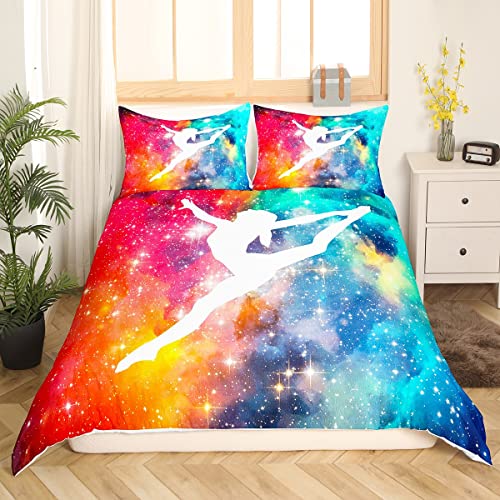 Homewish Gymnastics Lovers Duvet Cover Single Size Gymnast Sports Bedding Set Starry Sky Outer Space Comforter Cover Gymnastics Silhouette Quilt Cover Gymnast Gifts For Girls Teens Women Red Blue - Image 3