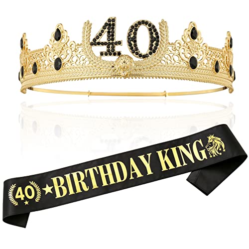 40th Birthday Crown and Sash, Party Decoration for Men (Gold)
