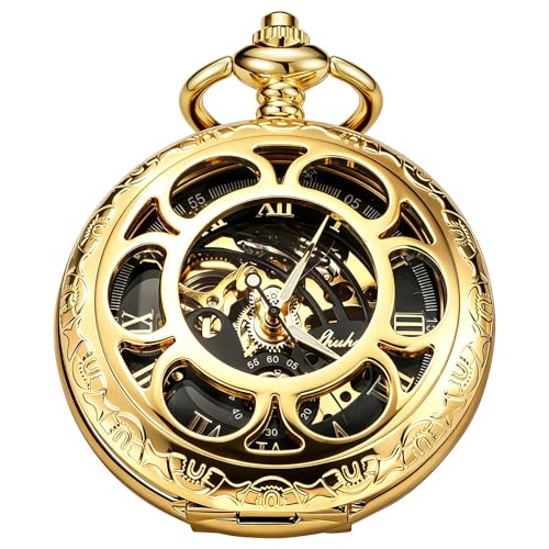 Image of Black and Silver Roman Numeral Dial Mens Mechanical Moon Phase Design, Moon Sun Pattern Skeleton Mechanical Pocket Watches for Men with Case and Chain - Black