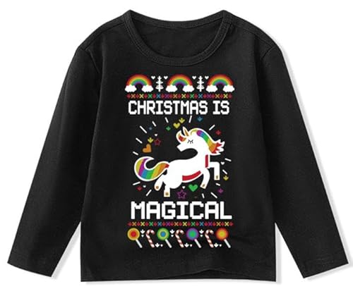 Funny Boy Girl Christmas Shirt Little Kids Long Sleeve Pullover Cotton Unicorn Print Tops Clothes for 4 Years,Black