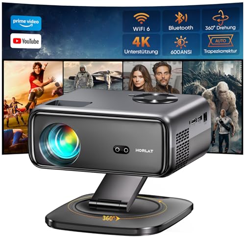 519hZNIX6JL Beamer【Android TV & 360° Drehung】 HORLAT Beamer Unterstützt 4K, 25000 Lumen Full HD 1080P WiFi 6 Bluetooth projektor, Auto Trapezkorrektur 50% Zoom Projector, Smart Beamer für Smartphone/TV Stick