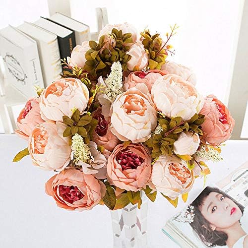 ZIHANJIAU 13 Heads Silk Peony Artificial Peony Flowers Wedding Bouquet Home Party Decor (Champagne)
