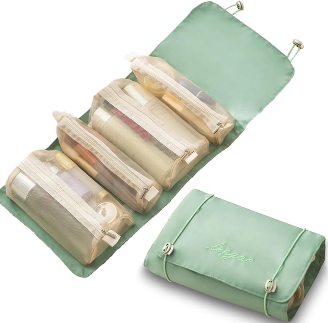CLICKSY Nylon 4-in-1 Hanging Roll Up Makeup Pouch Kit, Folding Travel Toiletry Bag with Compartments, Detachable Pouch Cosmetic Organizer (Green)-picture-15