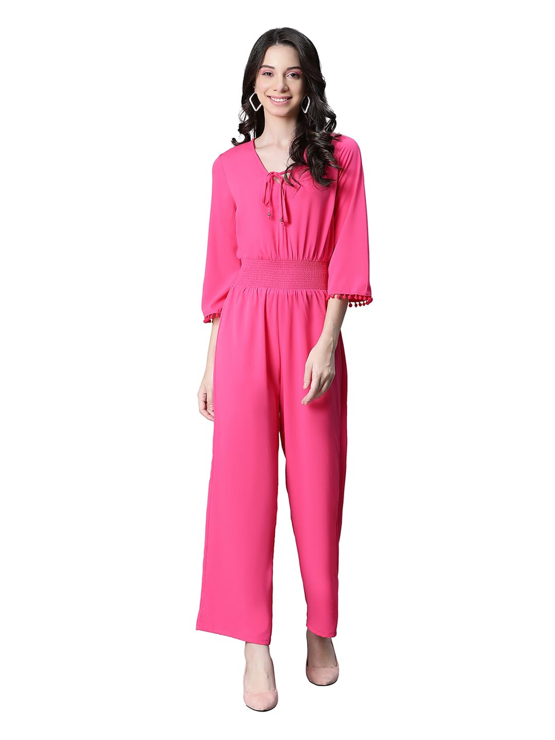 Women Floral Print V-Neck Pom Pom Lace Smocked Jumpsuit-image-6