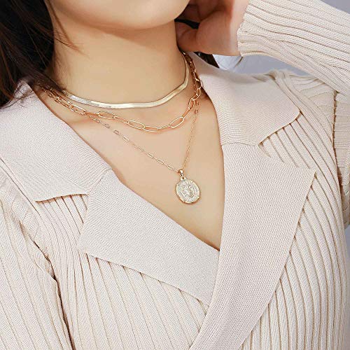 Hidepoo Gold Layered Necklaces for Women, 14K Gold Plated Dainty Coin Pendant Choker Necklace Herringbone Snake Necklace Paperclip Chain Layered Necklaces for Women Jewelry Gifts4