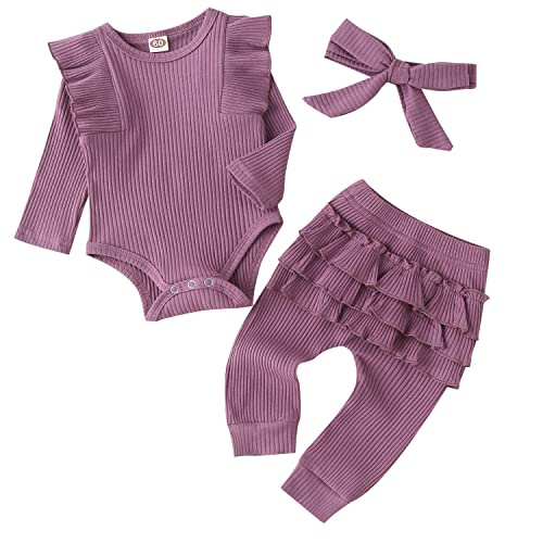 Image of Fullfamous Baby Girl's 3pc Rib Frill Long Sleeve Romper and Pant Set