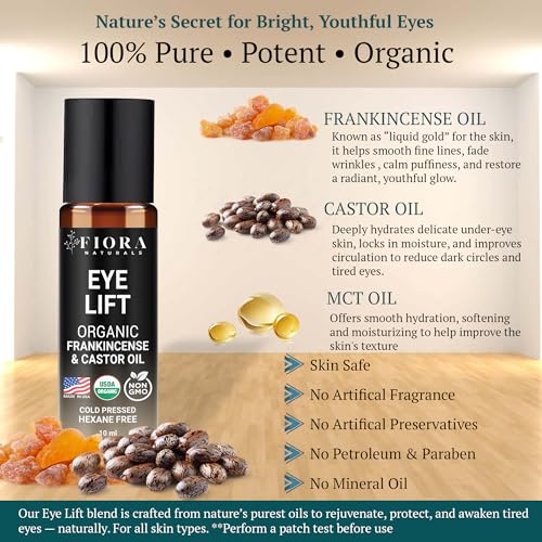 Image of Organic Castor Oil and Frankincense Roll On - 100% Pure Hexane Free Eye Oil for Under Eye, Reduces Wrinkles, Dark Circles & Puffiness, Frankincense Essential Oil for Face Roller by Fiora Naturals