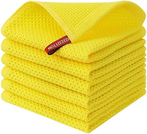 Kitinjoy 100% Cotton Kitchen Dish Cloths, 6 Pack Waffle Weave Ultra Soft Absorbent Dish Towels for Drying Dishes Quick Drying Kitchen Towels Dish Rags, 12 X 12Inch, Yellow