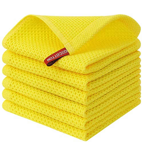 Kitinjoy 100% Cotton Kitchen Dish Cloths, 6 Pack Waffle Weave Ultra Soft Absorbent Dish Towels For Drying Dishes Quick Drying Kitchen Towels Dish Rags, 12 X 12Inch, Yellow #TOP2