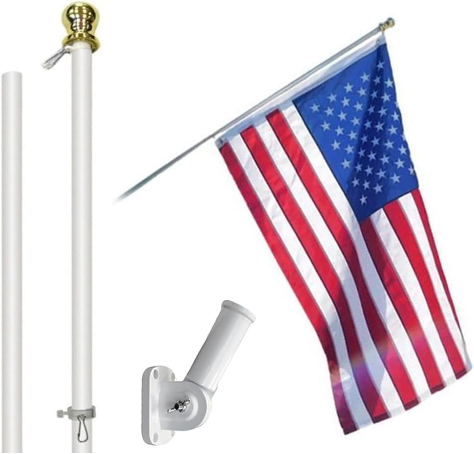 Flags Importer 6ft Spinning Flag Pole with Sealed Bearing System, Upper and Lower Flag Clips, Anti-Tangle Design for Outdoor Residential Use - Includes Adjustable Wall Mounting Bracket - White