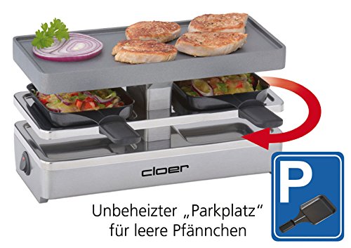 Cloer 6495 Mini Raclettegrill / 400 W / 2 Pfännchen mit wärmeisolierten Griffen / Unbeheizter "Parkplatz" für leere Pfännchen – Bild 3