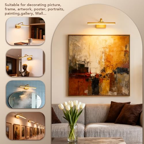 Image of RAIFOOLLY Picture Light, 16inch Picture Lights for Wall Cordless with Timer and Dimmable, 5000mAh Battery Wall Lights for Display Gallery Painting Art Frame Portrait-Brass