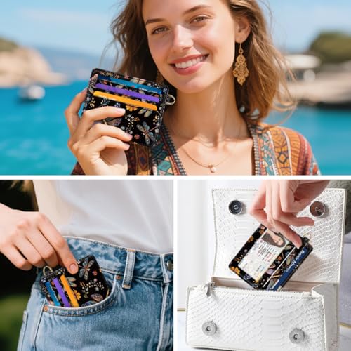 Image of Slim Minimalist Pocket Credit Card Holder Wallet Women | RFID Blocking Lightweight Thin Small Cute Card Cases, Dragonfly