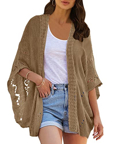 Image of Ermonn Crochet Cardigan Sweaters for Women Open Front Kimono Batwing Sleeve Plain Casual Lightweight Outerwear
