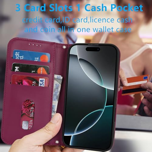 Jaorty for iPhone 16 Pro 5G Phone Case Wallet with Strap,6.3",Dark Red - image 2