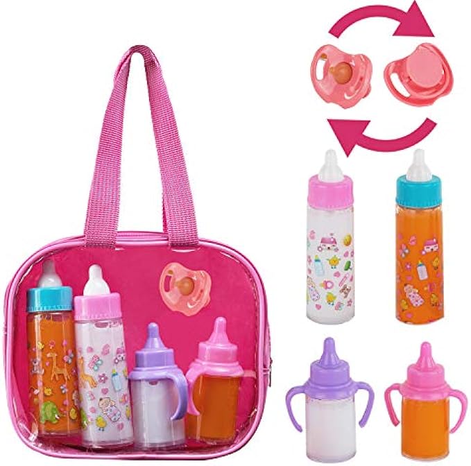 fash n kolor®, My Sweet Baby Disappearing Doll Feeding Set | Baby Care 4 Piece Doll Feeding Set for Toy Stroller | 2 Milk & Juice Bottles with Toy Pacifier for Baby Doll,