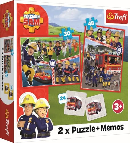 Trefl - Fireman Sam, Squadra Fireman Sam - 3 in 1: 2x Puzzle + Gioco di Memoria, Puzzle con i Personaggi di Fireman Sam, 30 e 48 Pezzi, 24 Memo, Divertimento per Bambini a Partire da 3 anni