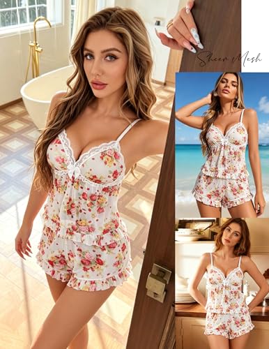 Image of Avidlove Sexy Pajama Lingerie Set for Women Sheer Mesh Cami Shorts | Ruffle V-neck sleepwear, lace trim, elastic waist, adjustable straps, lightweight feel, summer vacation boudoir outfit