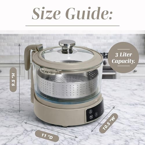 COOK WITH COLOR Glass Mini Low Carb Rice Cooker – Holds 2 Cups Raw/Makes 6 Cups Cooked with Auto Lift Filter Basket, Hotpot & Steamer for Rice, Grains, Digital Panel with Keep Warm, Greige by COOK WITH COLOR - Image 3