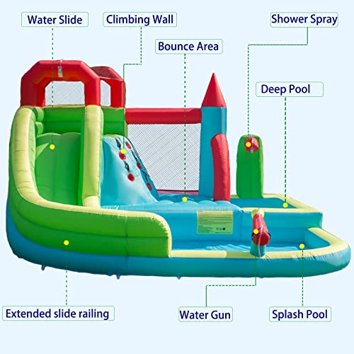 Hijofun Inflatable Water Slide For Kids,6-In-1 Bounce House With Waterslide Park,Air Blower,Deep Pool,Splash Pool,Water Cannon,Climbing Wall And Jumping Bouncer For Backyard Outdoor #TOP2