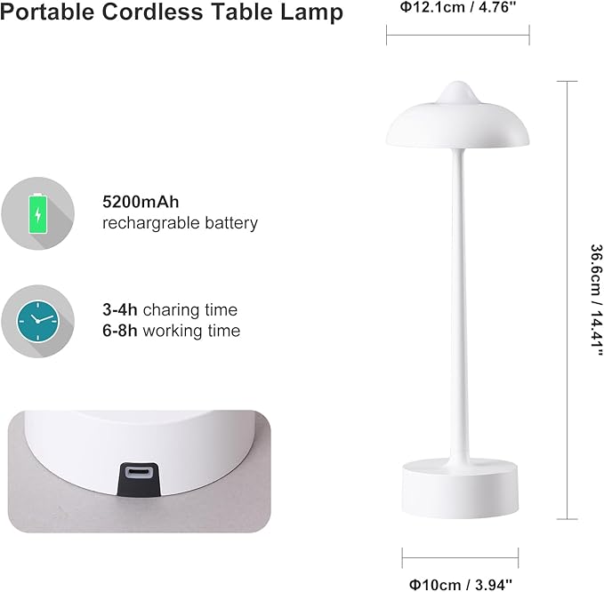 DAWALIGHT DAWALIGHT White Battery Operated Table Lamp, Cordless Rechargeable LED Desk Lamp 5200mAh, Waterproof 3-Level Dimming 2700K-6500K, Aluminum Portable Outdoor Light photo 3
