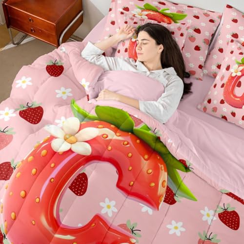 Image of Feelyou Girls Pink Red Strawberry Comforter Set with Sheets 7 Piece Queen Size Initial Letter C Bed in a Bag Kids Princess Strawberry Bedding Set Bedroom Decor Breathable Soft Lightweight Microfiber