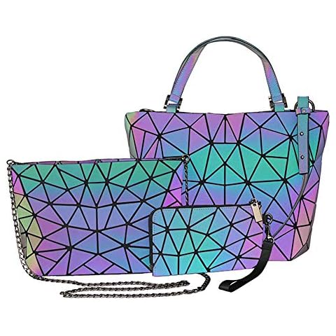 Geometric Luminous Purses and Handbags for Women Holographic Reflective Crossbody Bag Wallet Flash Rainbow Tote 3Pcs Cover